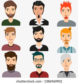 Set of man avatars for web background design. Modern young people. Character design. User person. Flat vector illustration. 
