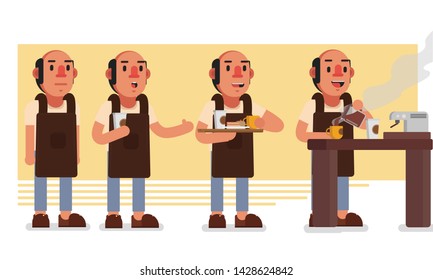 Set of a man as a barista in a different poses with coffee cup.mug and the coffee machine.Character set for your project.Flat design illustration