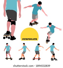 Set of a man in blue shirt is playing on the skateboard. He is showing his various body actions of surf skateboarding style.