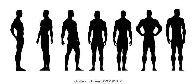 Set of man body builders silhouette, vector isolated