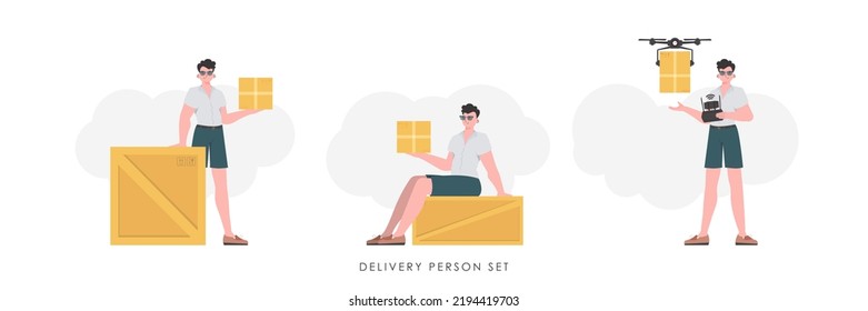 A set of a man with a box and a parcel. The concept of cargo delivery. Trendy flat style. Vector illustration.