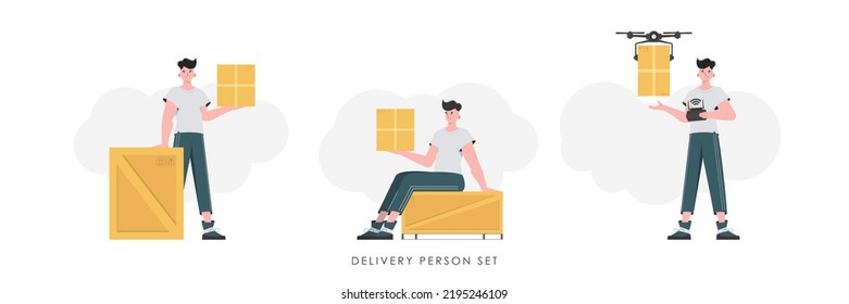 A set of a man with a box and a parcel. The concept of cargo delivery. Trendy flat style. Vector.