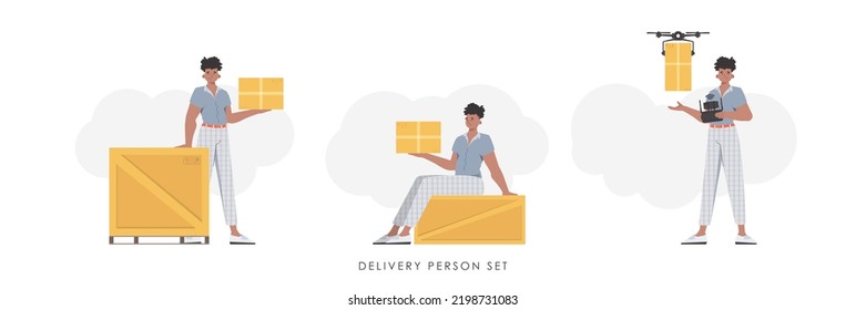 A set of a man with a box and a parcel. Delivery concept. trendy style. Vector.