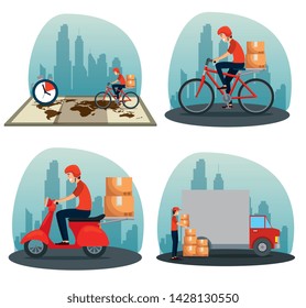 set of man with boxes packages distribution