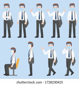 Set of Man in business casual outfits in New normal life wearing a surgical protective Medical mask and face shield for prevent coronavirus. character pose front side turn around cartoon, Health care.