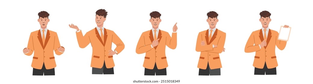 Conjunto de homem com negócios e roupas formais, postura de caráter e reação, isolado em fundo branco. Ilustração de vetor de desenho animado plano.