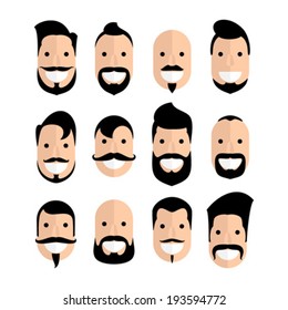 Set of man cartoon faces with beard and mustache