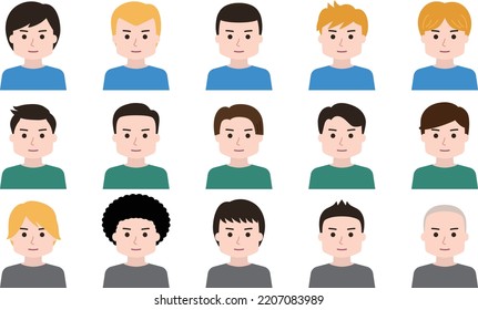 Set of man cartoon icon faces. Vector illustration isolated on transparent background.