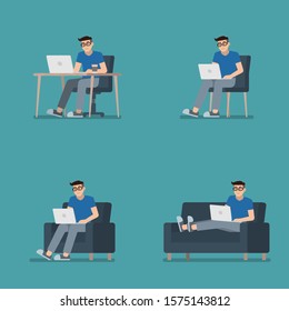 Set of man in casual clothes working on laptop computer sitting at desk, on chair, armchair and lying on sofa in flat cartoon style