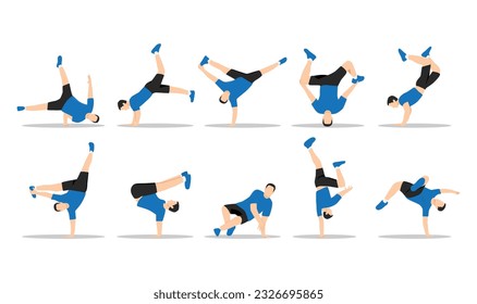 Set of man character of dancers breakdance dancer. Flat vector illustration isolated on white background