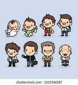 Set of man character in different ages , Generation of people and stages of growing up , baby, child, teenager, adult, uncle, elderly person , Vector illustration in cute cartoon.