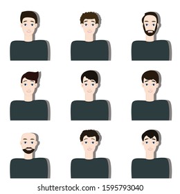 Set of a man character face different hairstyle. Creative idea design. Flat vector illustration for template, brochure, web page or presentation.