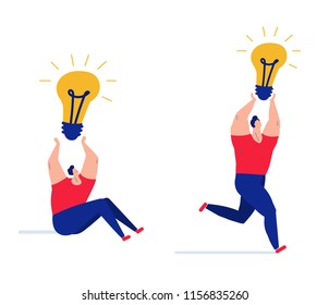 set of man character holding light bulb. the concept of a big idea. everything begins with an idea.