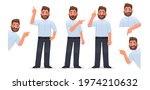 Set of a man character pointing his finger in different directions, up and down and looking out. A businessman with joyful emotions points at something. Vector illustration in cartoon style