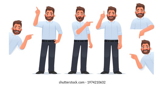 Set of a man character pointing his finger in different directions, up and down and looking out. A businessman with joyful emotions points at something. Vector illustration in cartoon style - Shutterstock ID 1974210632