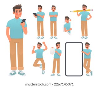 Set of man character in various poses and actions. Happy guy uses the phone and tablet, takes notes, jumps, dissatisfied, points to a huge smartphone. Vector illustration in cartoon style