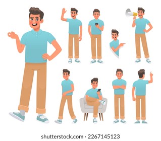 Set of man character in various poses and actions. Happy guy speaks, greets, points and walks. Vector illustration in cartoon style