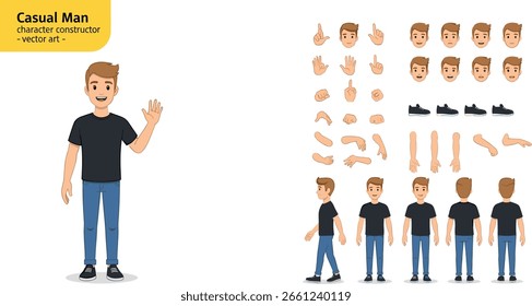 Set of man character vector design. Presentation in various action with emotions, running, standing and walking.