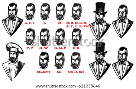Set for man characters speaks animation. Set of frames. Teaching talk letters monochrome vector illustration.