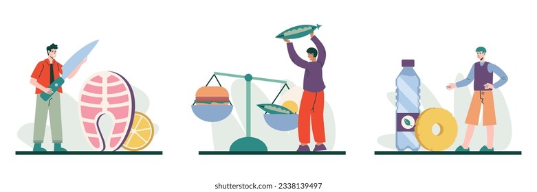 Conjunto de hombres que eligen entre comida saludable y no saludable, pescado macho cortando. Podrá elegir entre pescado, guisantes, verduras y frutas. El concepto de productos naturales para comer. Ilustración vectorial plana en estilo de dibujos animados