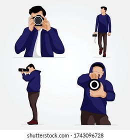 Conjunto de hombres haciendo clic en la foto con cámara fotográfica. Fotógrafo profesional sujetando la cámara - Ilustración vectorial