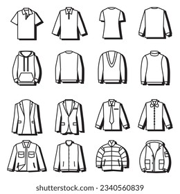 Set of man clothes icons, thin line style. Men's clothing icons set, thin line style. Boy doodle illustration including icon set, elegant, groom suit, winter wear, thin line art of bridal wear.