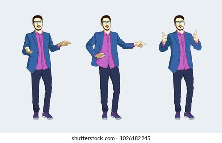 Set of man in comic style. Man in jacket and jeans talking and pointing 