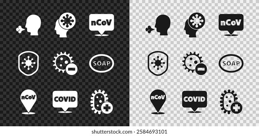 Set Man coughing, Human and virus, Corona 2019-nCoV on location, covid-19, Positive, Shield protecting from and Negative icon. Vector