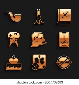 Set Man coughing, Lungs x-ray diagnostics, No smoking, Heartbeat increase, Tooth with caries, Book stop cigarette and pipe icon. Vector