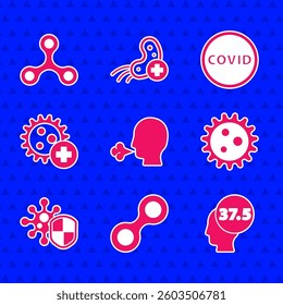 Set Man coughing, Virus, High human body temperature, Shield protecting from virus, Positive, Corona covid-19 and  icon. Vector