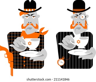 Set of man with cup of coffee. Retro style. Cowboy and gentleman. Vector illustration