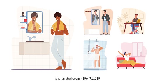 Set Man Daily Routine Concept. Young Male Character Morning Hygiene Procedures Brushing Teeth, Taking Shower in Bathroom, Having Breakfast at Home, Dressing and Go to Work. Cartoon Vector Illustration