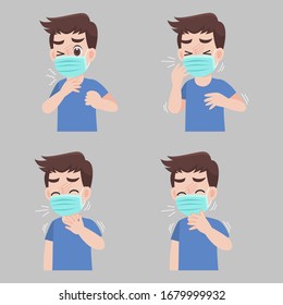 Set of man with different diseases symptoms - fever, cough, Sore throat. wearing a surgical protective Medical mask for prevent virus Wuhan Covid-19.Corona virus. Health care concept.