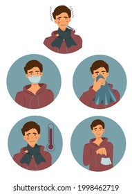 Conjunto de hombres con diferentes síntomas de enfermedades. Síntomas de Coronavirus 2019-nCoV, infografía de salud y medicina. usando máscara.  Concepto de atención de la salud.	