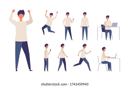 Set of man in different poses. Businessman working character design set. Vector illustration in flat style.