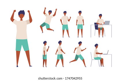 Set of man in different poses. Businessman working character design set. Vector illustration in flat style.