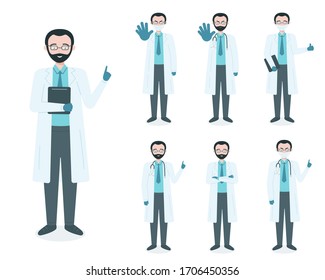 Set of man doctor character in different poses. Cartoon male medicine worker. Vector flat illustration isolated on white background.