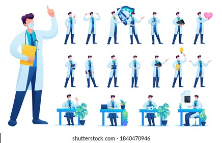 Grupo de médicos. Presentación en varios aspectos en diferentes posiciones y acciones. Ilustración vectorial de carácter plano 2D N9.