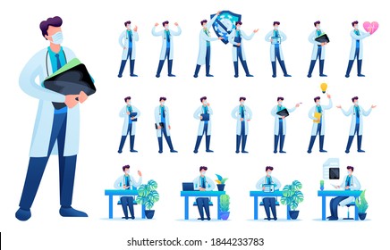 Set of Man doctor. Presentation in various in various poses and actions. 2D Flat character vector illustration.