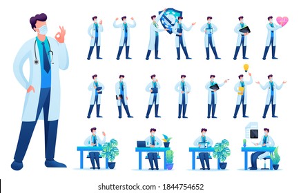 Set of Man doctor. Presentation in various in various poses and actions. 2D Flat character vector illustration N4.