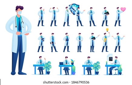 Set of Man doctor. Presentation in various in various poses and actions. 2D Flat character vector illustration N8.