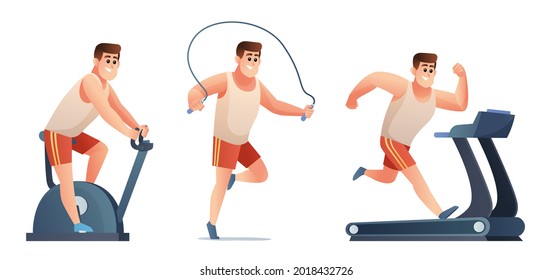 Set Of Man Doing Exercise Gym Bike Jump Rope And Treadmill Illustration