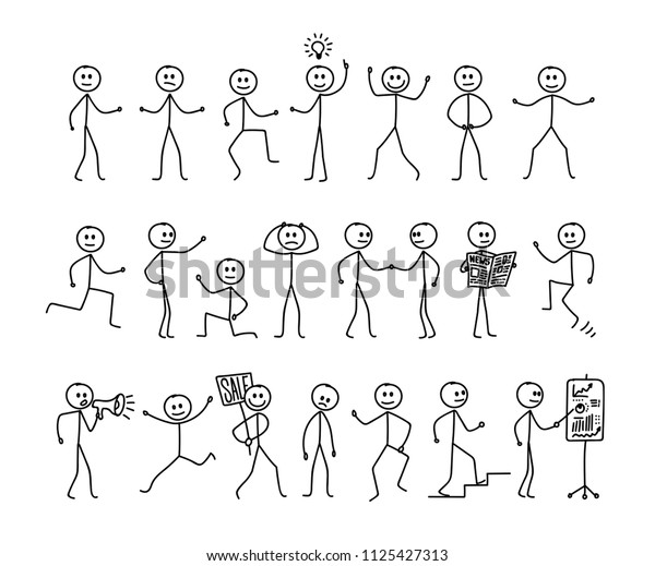 Set of man drawing, different poses, stick figure people pictogram