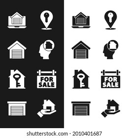 Set Man soñando con comprar casa, garaje, inmobiliaria en línea, clave de ubicación, casa con, signo de ahorcamiento para la venta, editor e icono. Vector