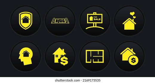 Set Man dreaming about buying house, House with heart shape, dollar, plan, Hanging sign For Sale,  and under protection icon. Vector