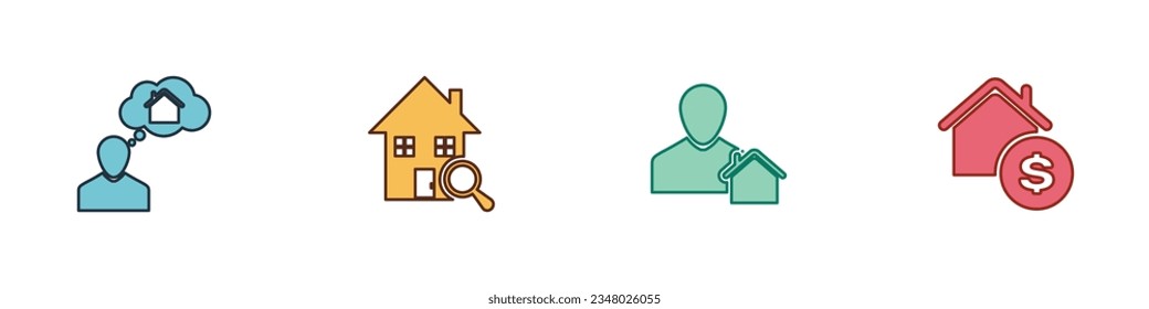 Set Man dreaming about buying house, Search, Realtor and House with dollar icon. Vector