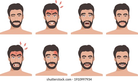 set of man emotions . facial emotions . face expression . set of cartoon vector . illustration .bearded man emoji character with different expressions . vector illustration in cartoon style 