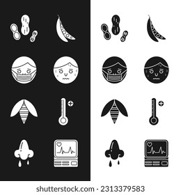 Set Man with excessive sweating, Face protective mask, Peanut, Kidney beans, Bee, Medical digital thermometer, Monitor cardiogram and Runny nose icon. Vector