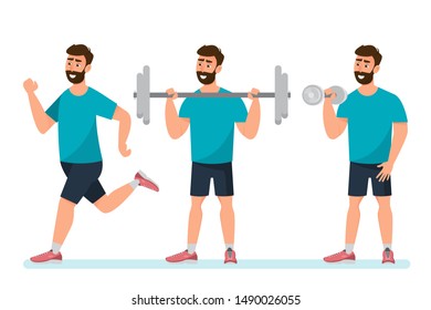 set of man exercise in the gym on a white background. Vector illustration in flat style