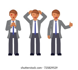 Set of man expression. Character creation. Full length and different face and body emotion portraits on white background. Build your own design. Vector illustration eps 10